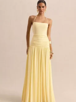 Party Dresses Yellow Straps Neck Short Sleeves Sexy Semi Formal Dress