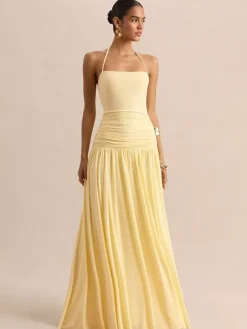 Party Dresses Yellow Straps Neck Short Sleeves Sexy Semi Formal Dress