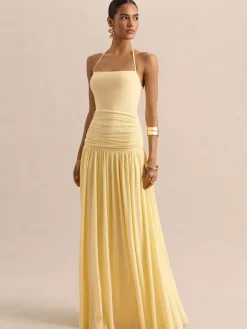 Party Dresses Yellow Straps Neck Short Sleeves Sexy Semi Formal Dress