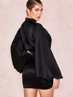 Party DressMini Black Stand Collar Long Sleeves Lantern Sleeve Elegant Semi Formal Dress