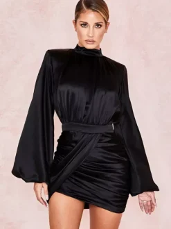 Party DressMini Black Stand Collar Long Sleeves Lantern Sleeve Elegant Semi Formal Dress