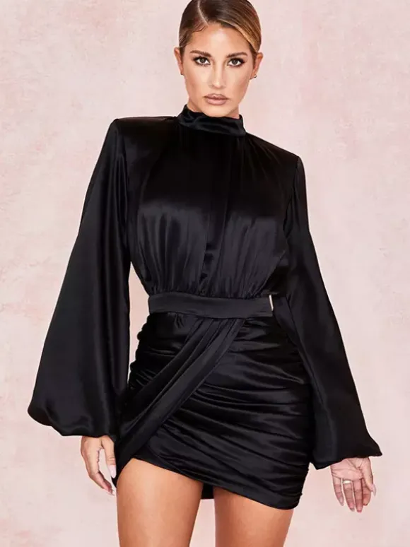 Party DressMini Black Stand Collar Long Sleeves Lantern Sleeve Elegant Semi Formal Dress