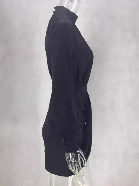 Party DressMini Black Stand Collar Long Sleeves Lantern Sleeve Elegant Semi Formal Dress