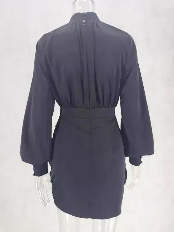 Party DressMini Black Stand Collar Long Sleeves Lantern Sleeve Elegant Semi Formal Dress