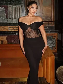Party Maxi Dresses Black V-Neck Lace Sleeveless Elegant Semi Formal Summer Dress