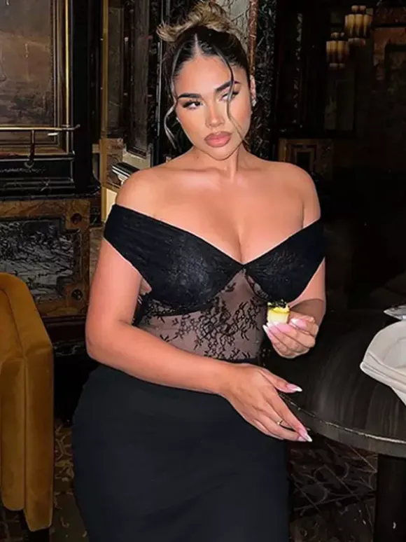 Party Maxi Dresses Black V-Neck Lace Sleeveless Elegant Semi Formal Summer Dress
