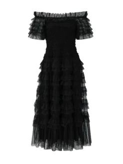 Party Maxi Dresses Embellished Collar Ruffles Polka Dot Sheer Semi Formal Dress