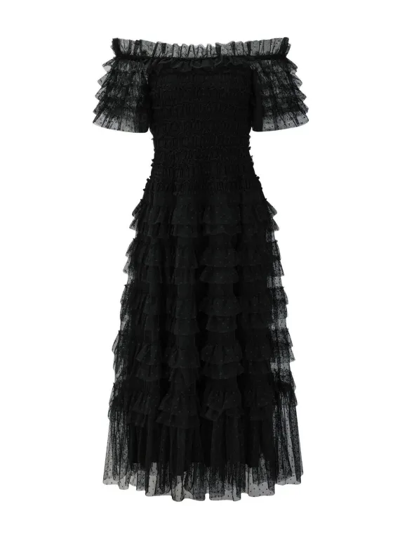 Party Maxi Dresses Embellished Collar Ruffles Polka Dot Sheer Semi Formal Dress