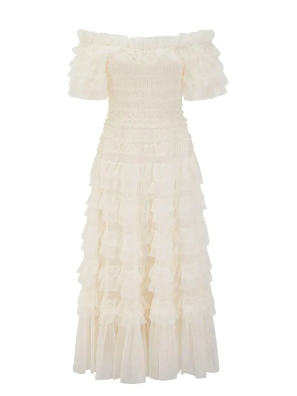 Party Maxi Dresses Embellished Collar Ruffles Polka Dot Sheer Semi Formal Dress