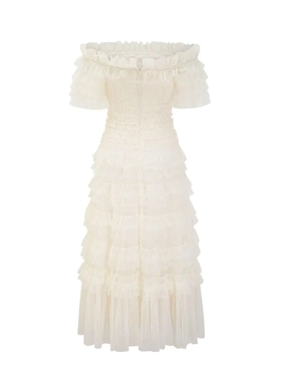 Party Maxi Dresses Embellished Collar Ruffles Polka Dot Sheer Semi Formal Dress