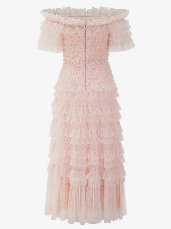 Party Maxi Dresses Embellished Collar Ruffles Polka Dot Sheer Semi Formal Dress