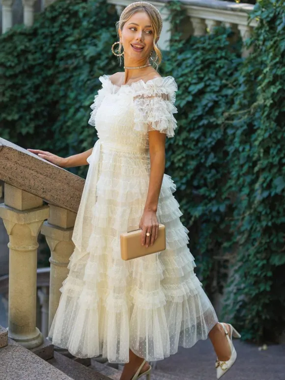 Party Maxi Dresses Embellished Collar Ruffles Polka Dot Sheer Semi Formal Dress