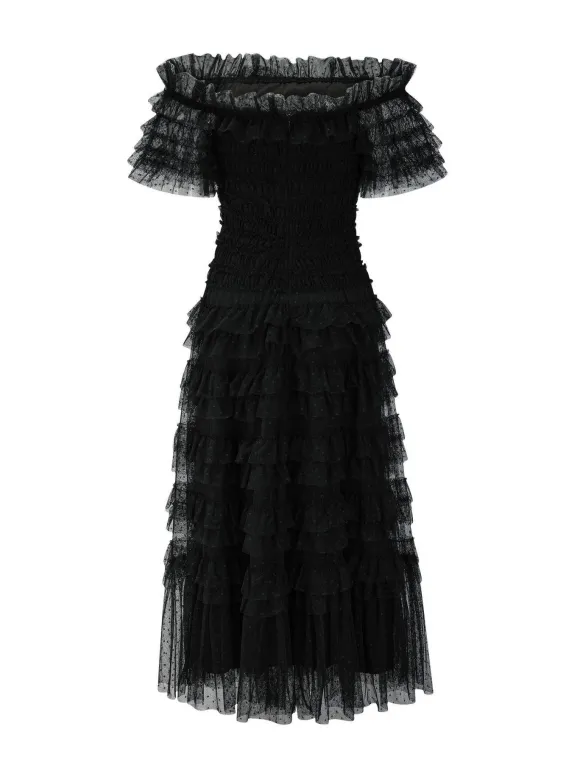 Party Maxi Dresses Embellished Collar Ruffles Polka Dot Sheer Semi Formal Dress