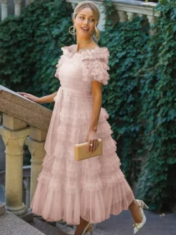 Party Maxi Dresses Embellished Collar Ruffles Polka Dot Sheer Semi Formal Dress