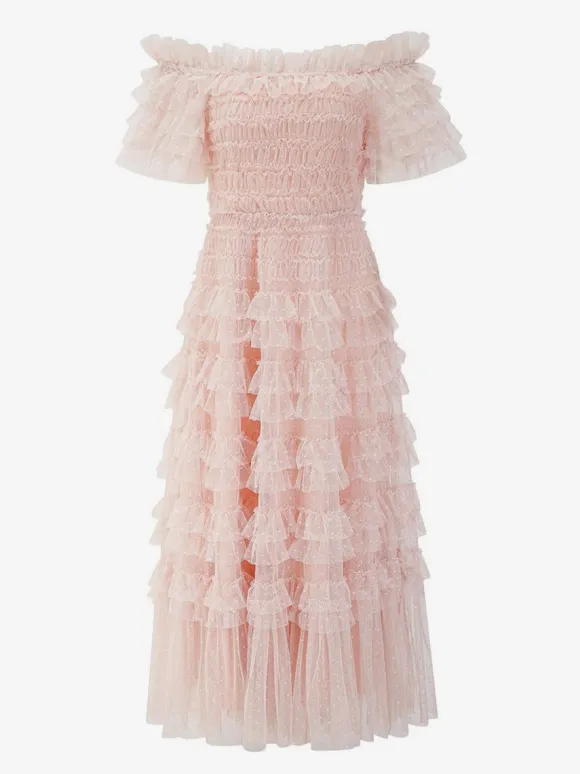 Party Maxi Dresses Embellished Collar Ruffles Polka Dot Sheer Semi Formal Dress