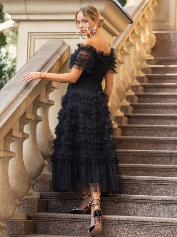 Party Maxi Dresses Embellished Collar Ruffles Polka Dot Sheer Semi Formal Dress