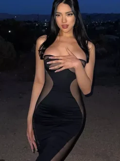 Party Midi Dress Black Sleeveless Sheer Sexy Semi Formal Dress