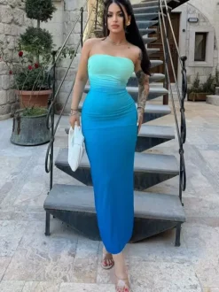 Party Ready Purple Ombre Strapless Maxi Dress Slimming Stylish For Clubbing