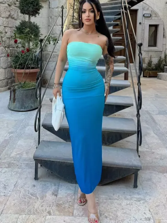 Party Ready Purple Ombre Strapless Maxi Dress Slimming Stylish For Clubbing