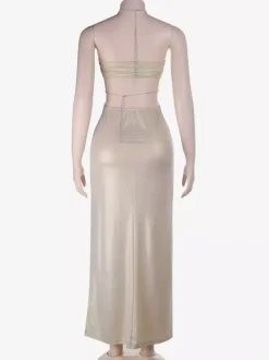 Party Dress Apricot Rhinestone Halter Cutout Waist Backless Side Split Bodycon Satin Mermaid Maxi Dress