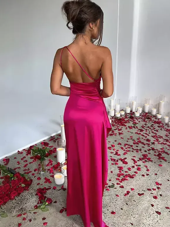Party Dress Champagne One Shouder Pleated High Slit Sexy Prom Maxi Dresses