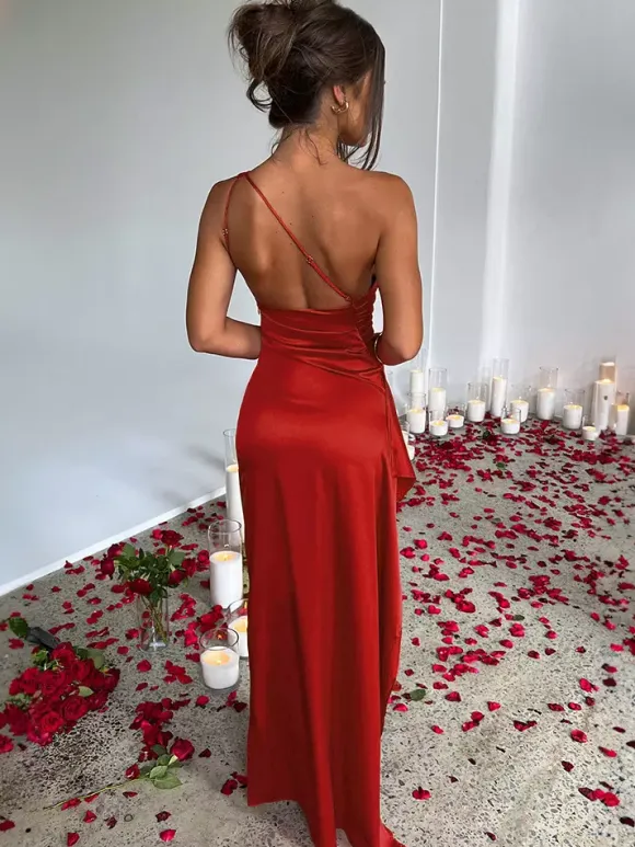 Party Dress Champagne One Shouder Pleated High Slit Sexy Prom Maxi Dresses