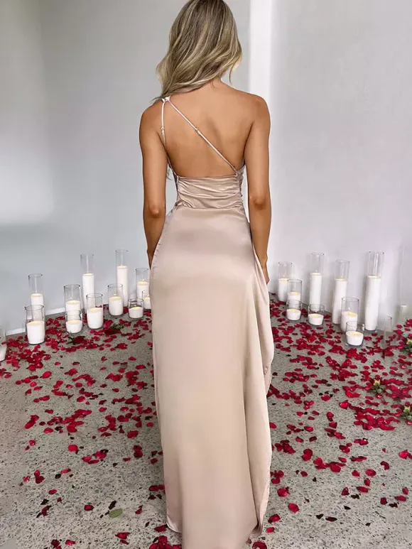 Party Dress Champagne One Shouder Pleated High Slit Sexy Prom Maxi Dresses