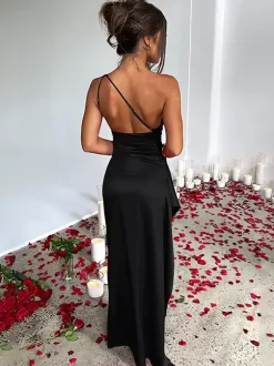 Party Dress Champagne One Shouder Pleated High Slit Sexy Prom Maxi Dresses