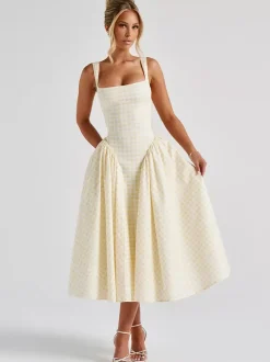 Party Dress Dresses Midi Pink Straps Neck Pleated Plaid Classic Semi Formal Summer Dress