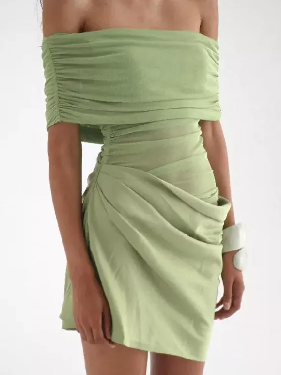 Party Dress Dresses Mini Green Strapless Pleated Sleeveless Semi Formal Dress