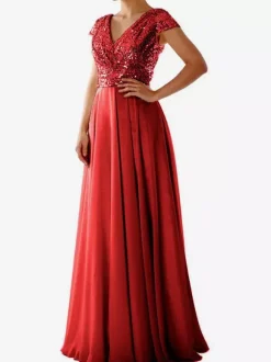 Party Dress Ecru White V-Neck Sequins Short Sleeves Shaping Cap Sleeves Chic Semi Formal Dress