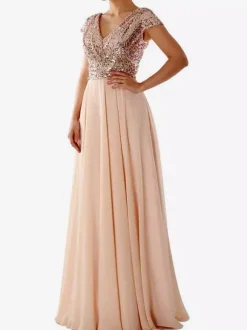 Party Dress Ecru White V-Neck Sequins Short Sleeves Shaping Cap Sleeves Chic Semi Formal Dress
