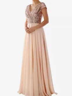 Party Dress Ecru White V-Neck Sequins Short Sleeves Shaping Cap Sleeves Chic Semi Formal Dress
