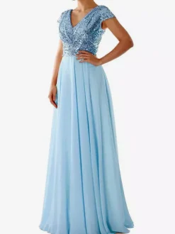 Party Dress Ecru White V-Neck Sequins Short Sleeves Shaping Cap Sleeves Chic Semi Formal Dress