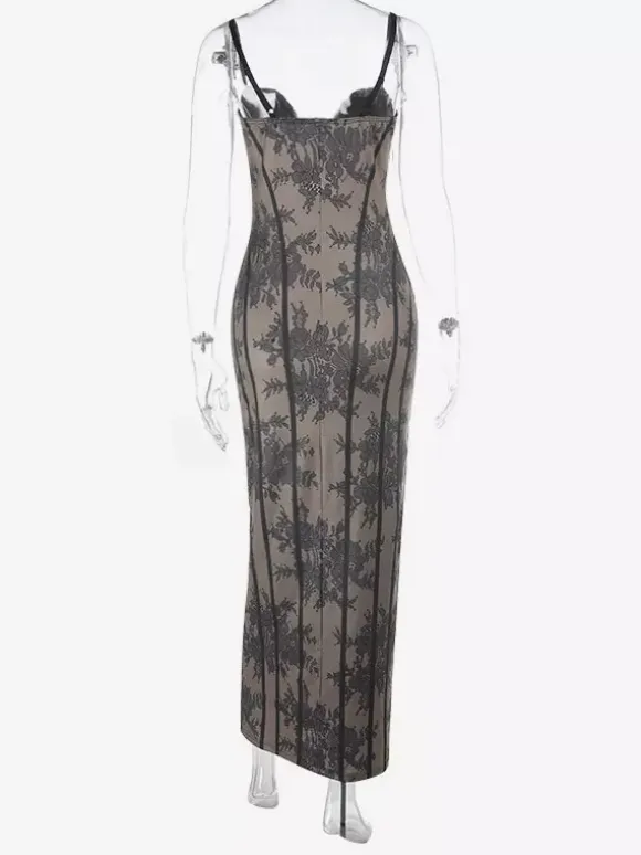 Party Dresses Black Floral Lace Spaghetti Strap Maxi Bustier Corset Bodycon Slit Evening Gown