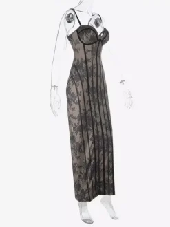 Party Dresses Black Floral Lace Spaghetti Strap Maxi Bustier Corset Bodycon Slit Evening Gown