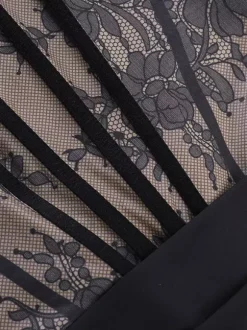 Party Dresses Black Lace Corset Bustier Ruched Satin Skirt Bodycon Night Out Mini Dress