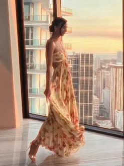 Party Dresses Floral Print Backless Spaghetti Strap Maxi Dress Summer Boho Beach Long Dress