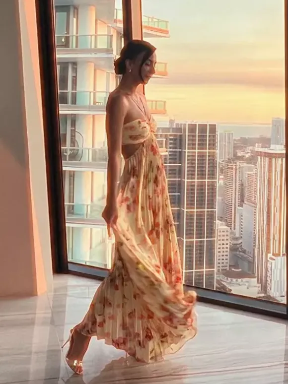 Party Dresses Floral Print Backless Spaghetti Strap Maxi Dress Summer Boho Beach Long Dress