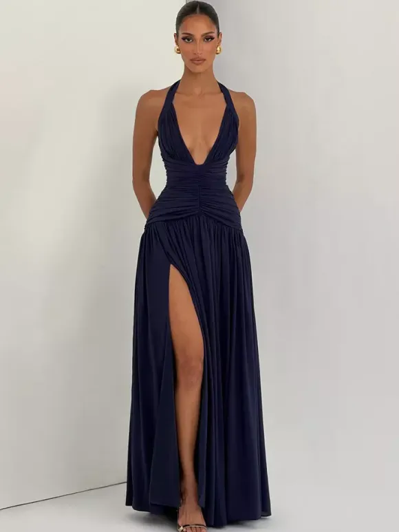 Party Dresses Halter Ruched High Slit Elegant Women Evening Long Maxi Dress