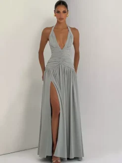 Party Dresses Halter Ruched High Slit Elegant Women Evening Long Maxi Dress