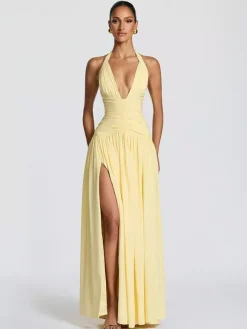 Party Dresses Halter Ruched High Slit Elegant Women Evening Long Maxi Dress