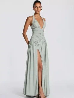 Party Dresses Halter Ruched High Slit Elegant Women Evening Long Maxi Dress