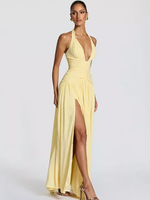 Party Dresses Halter Ruched High Slit Elegant Women Evening Long Maxi Dress