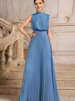 Party Dresses High Neck Sequin Sleeveless Back Bow Pleated Maxi Evening Gown