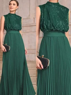 Party Dresses High Neck Sequin Sleeveless Back Bow Pleated Maxi Evening Gown
