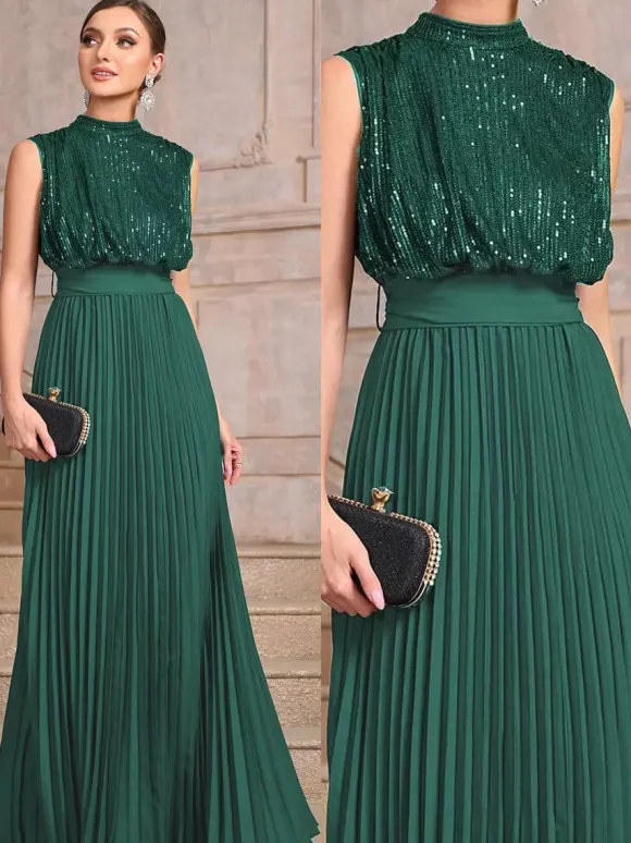 Party Dresses High Neck Sequin Sleeveless Back Bow Pleated Maxi Evening Gown