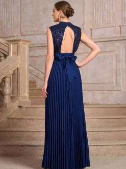 Party Dresses High Neck Sequin Sleeveless Back Bow Pleated Maxi Evening Gown