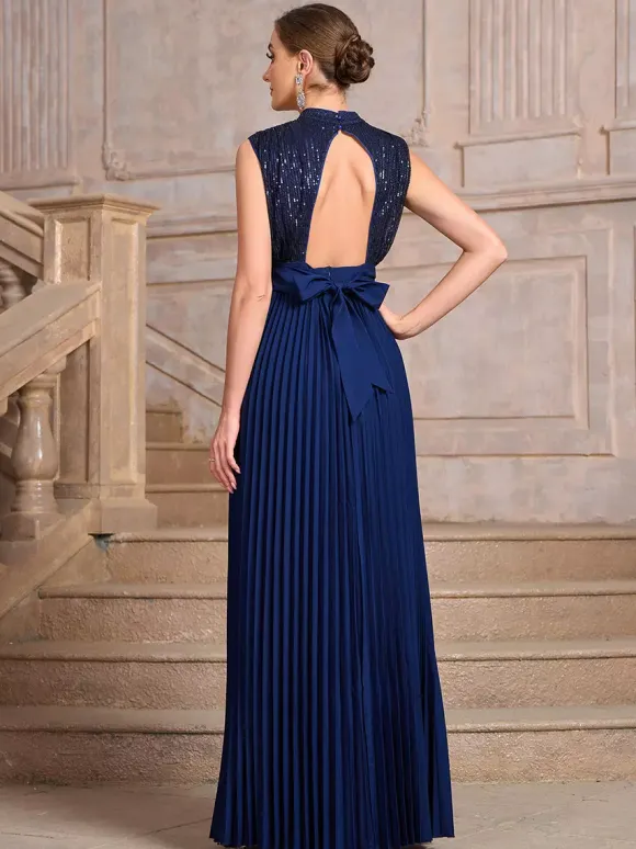 Party Dresses High Neck Sequin Sleeveless Back Bow Pleated Maxi Evening Gown