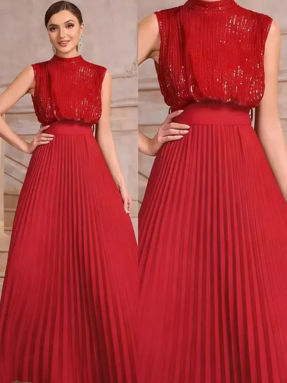 Party Dresses High Neck Sequin Sleeveless Back Bow Pleated Maxi Evening Gown